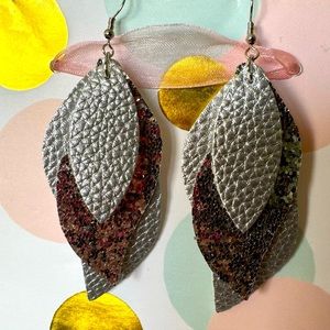 NWT Faux Leather 3 Layer Dangle Earrings. Metallic Silver